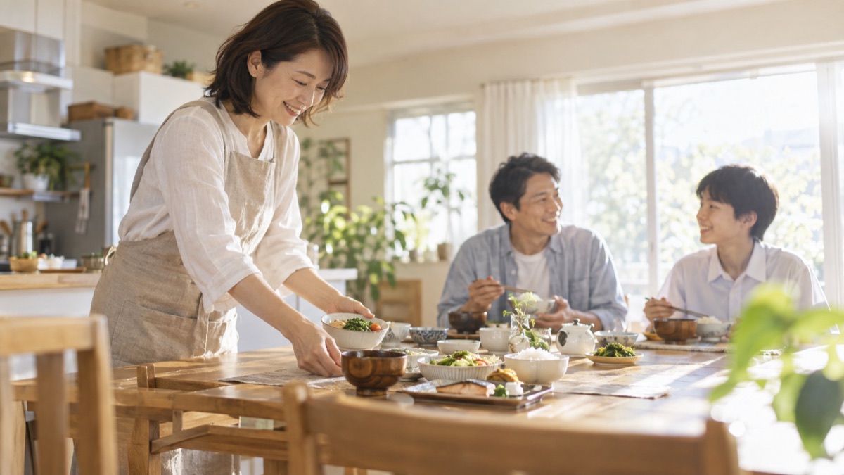 家族の朝食を整える女性