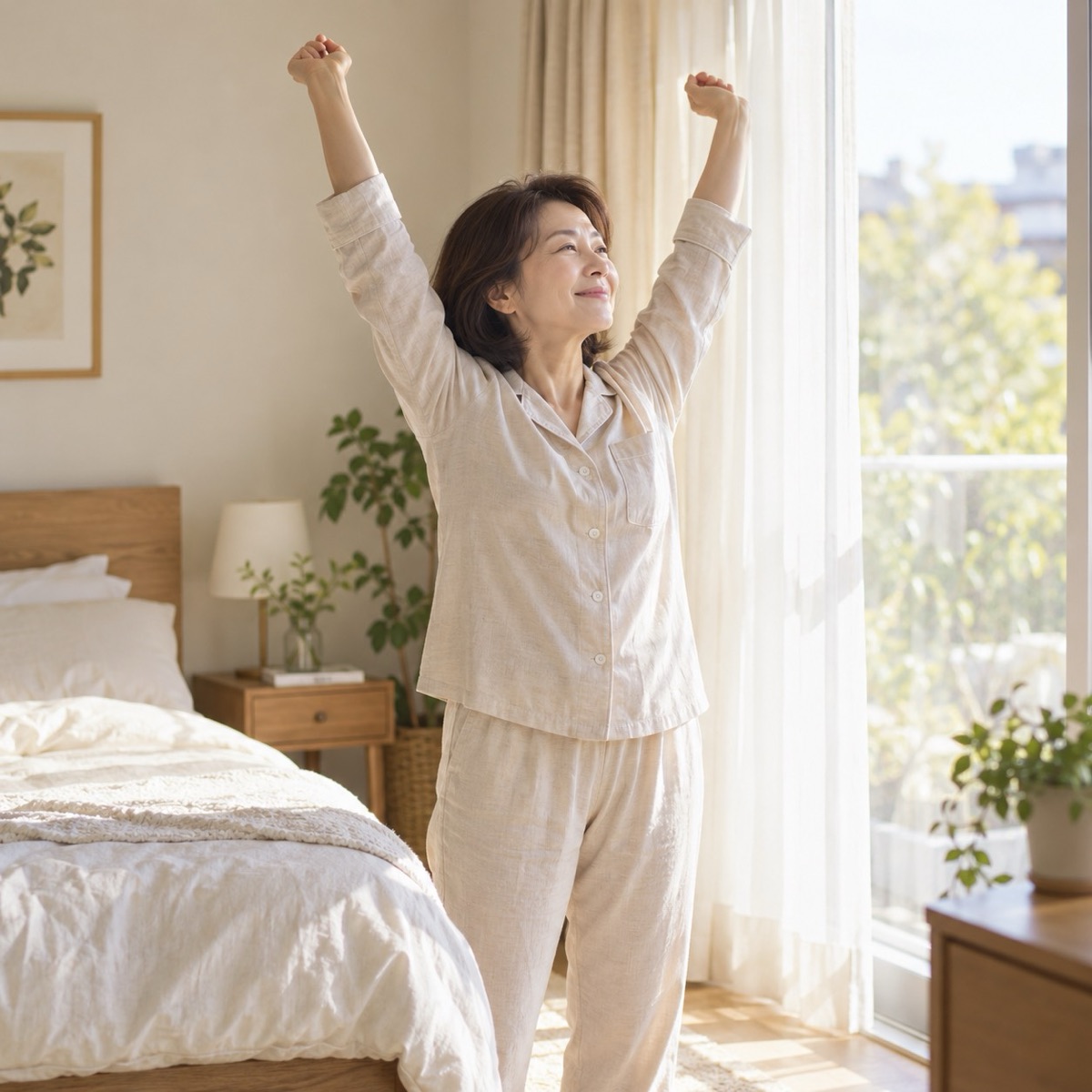 朝、伸びをする女性