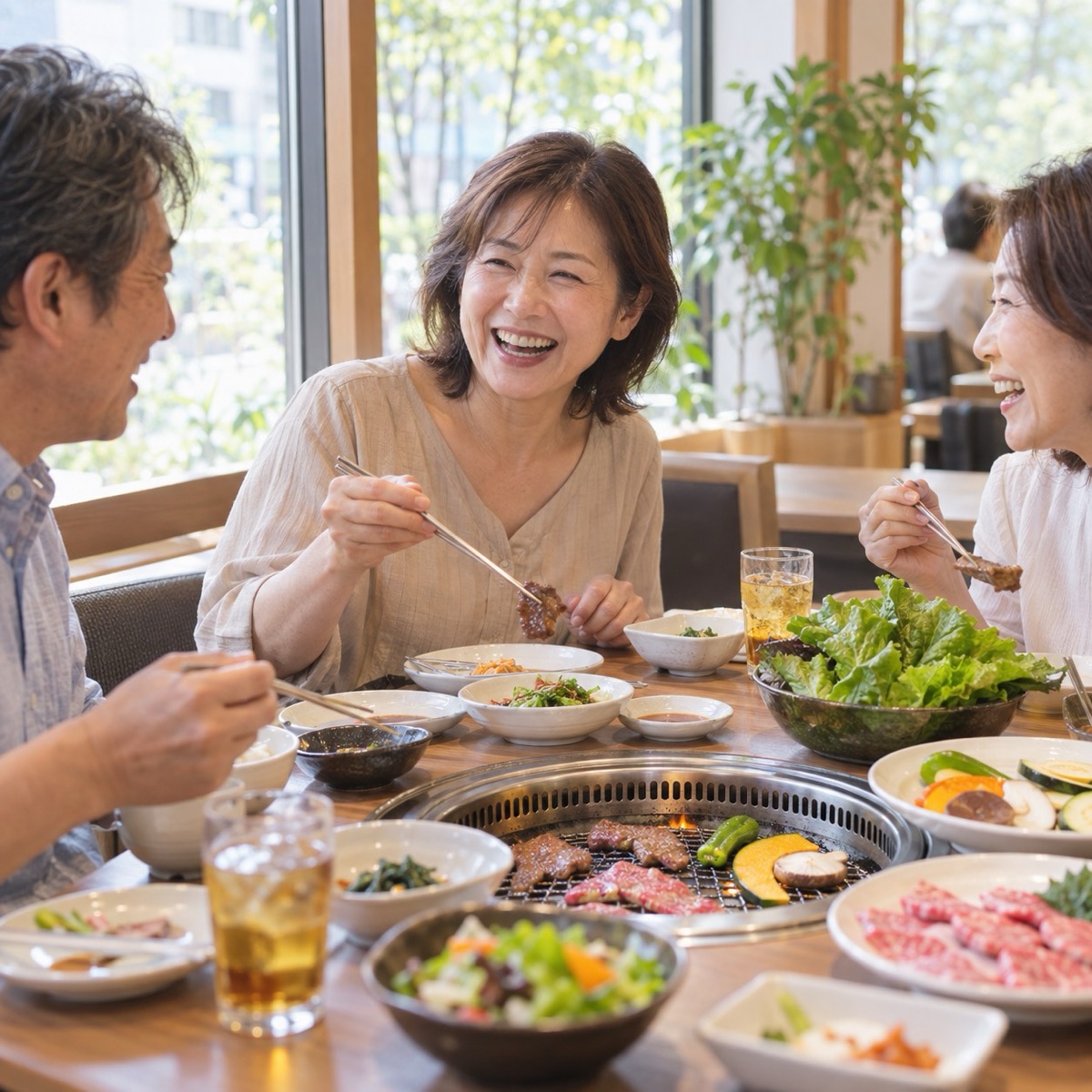 家族と焼肉を楽しむ女性
