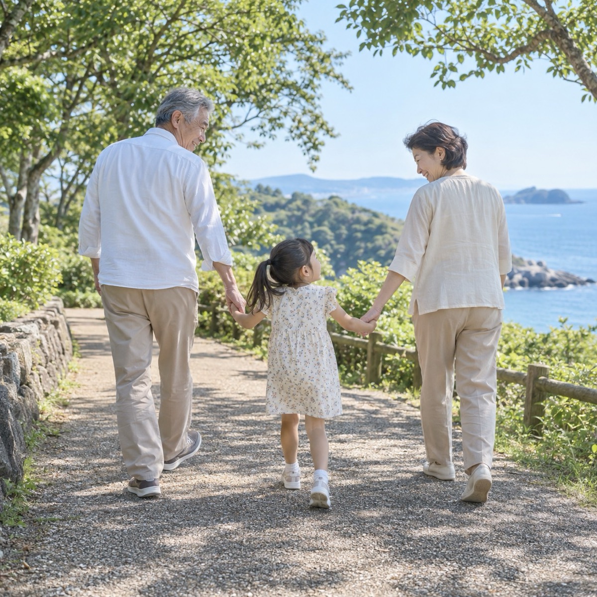 孫と散歩する夫婦