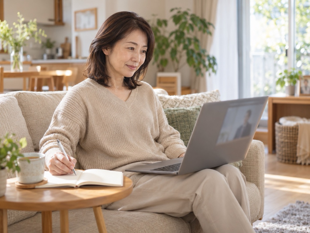自宅でオンライン講義を受ける女性